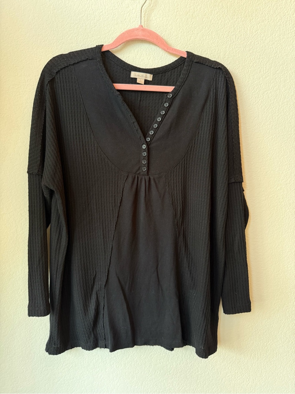 Black Long-Sleeve Button V-Neck Henley Blouse